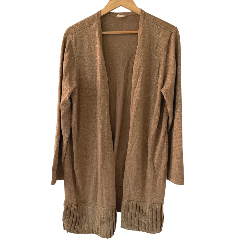Chico's Cardigan Womens 3 XL Bronze Metallic Pleated Longline Open Front
